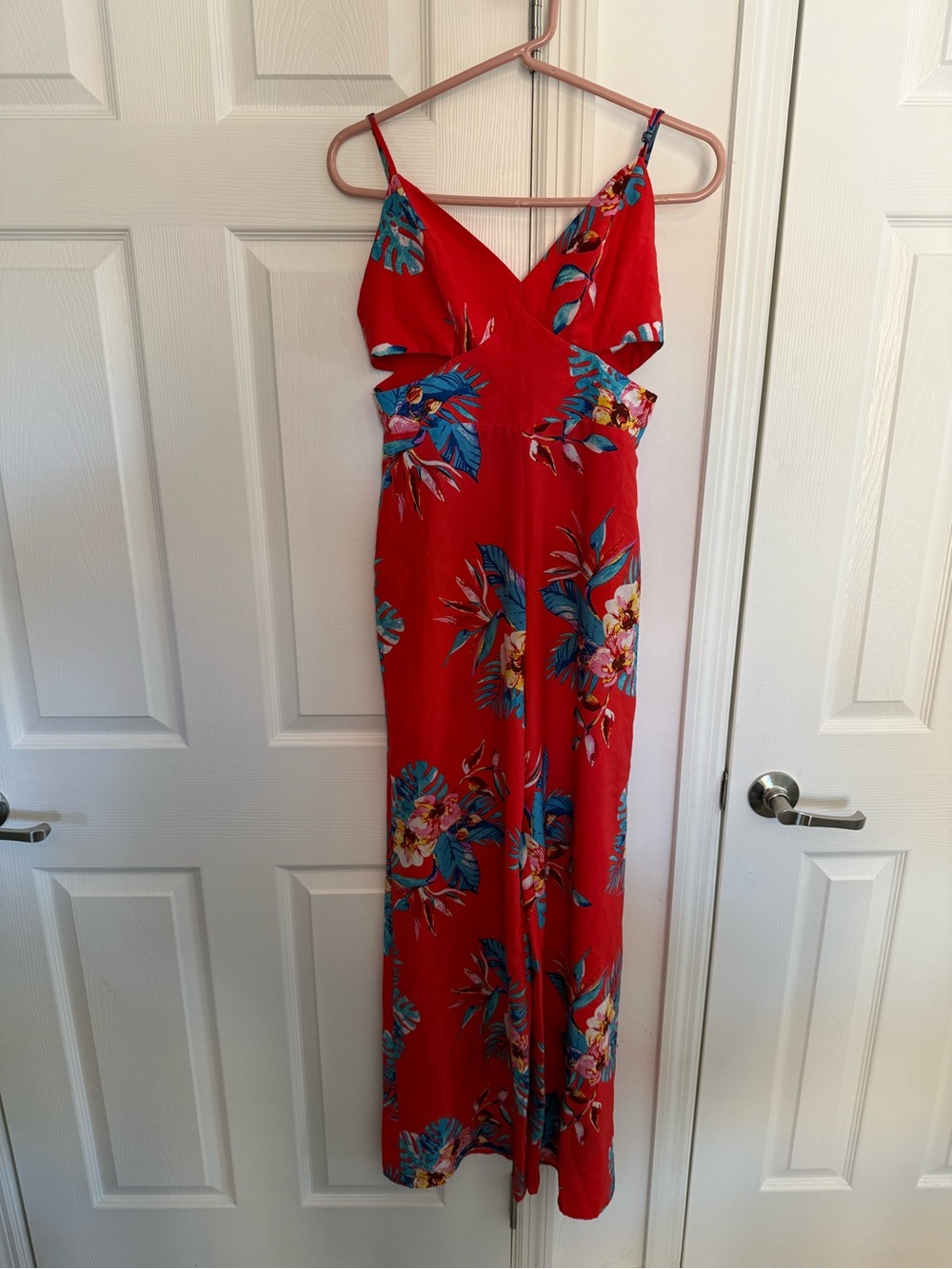 Forever 21 Red Floral Cutout Spaghetti-Strap Jumpsuit